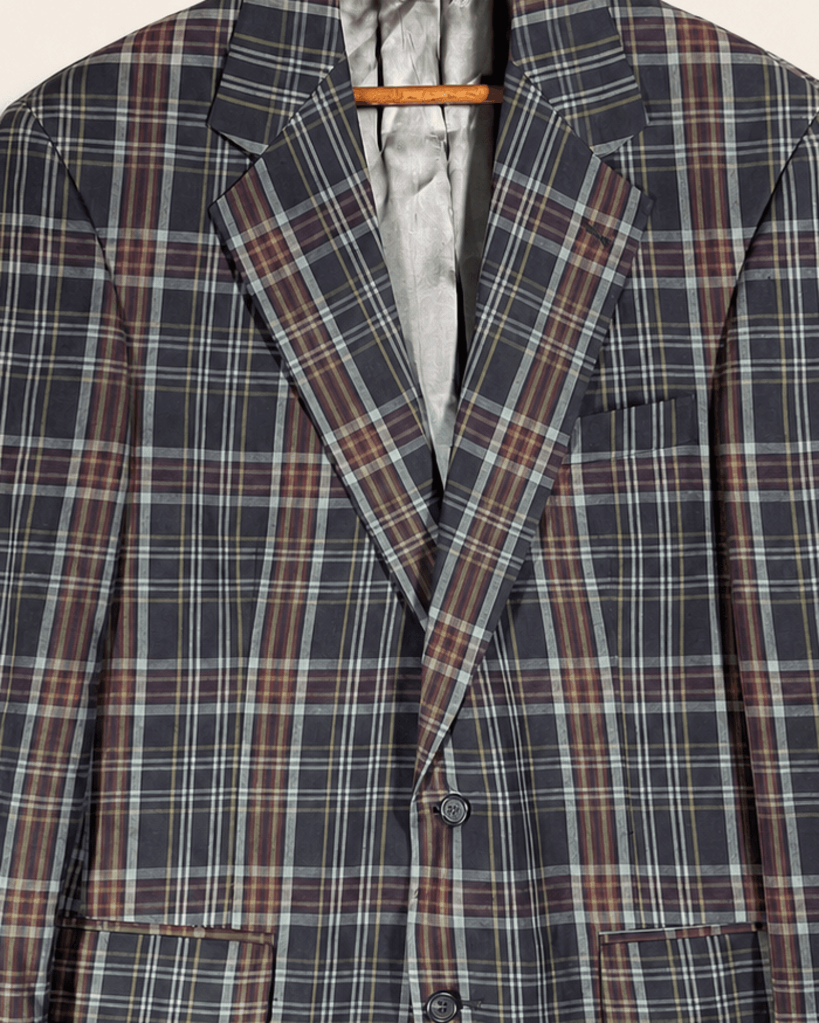 Detail preview showing the sport coat lapels, plaid, and front buttons