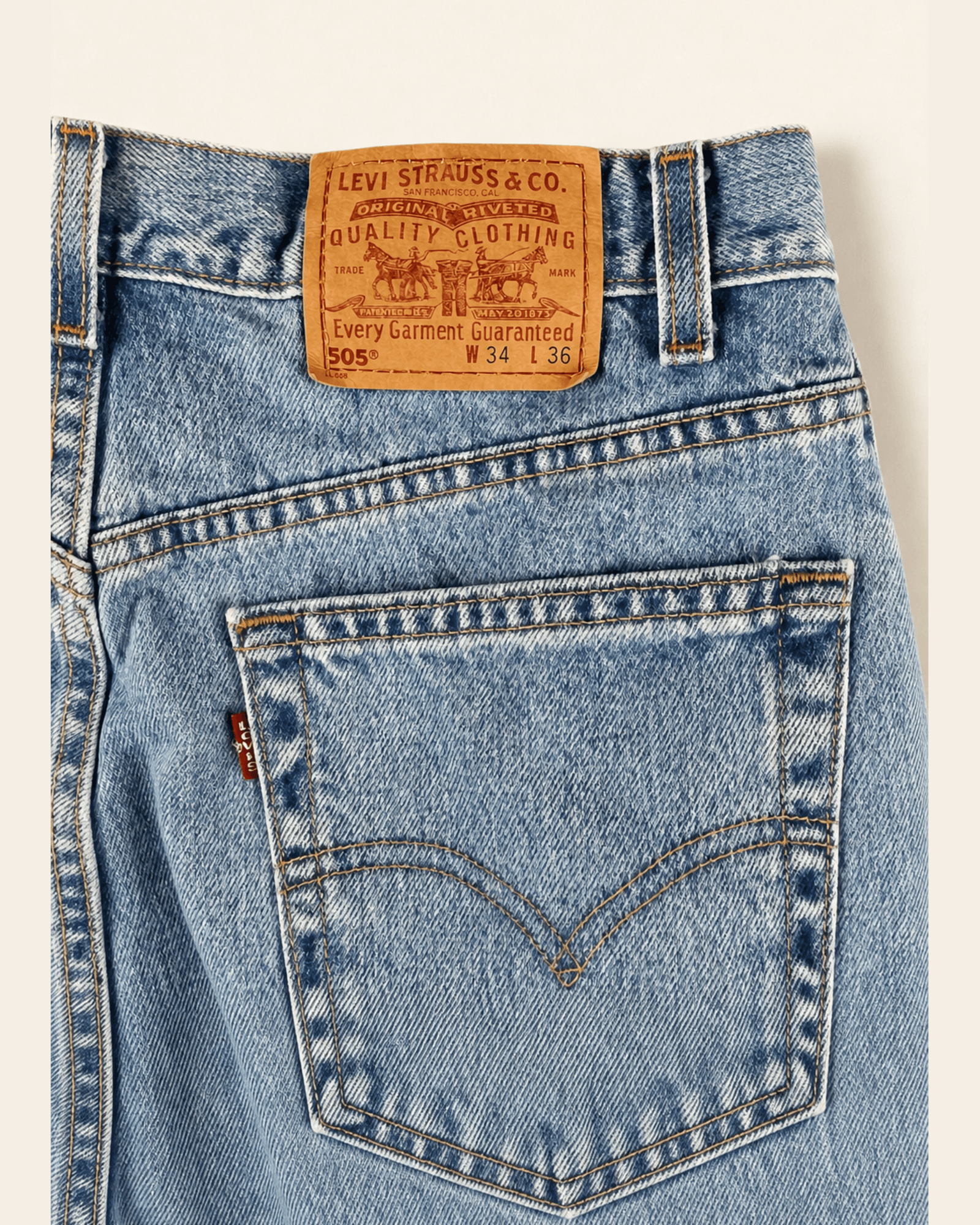 Preview showing the rear waist, leather patch, yoke, and pocket of blue Levi's 505 jeans